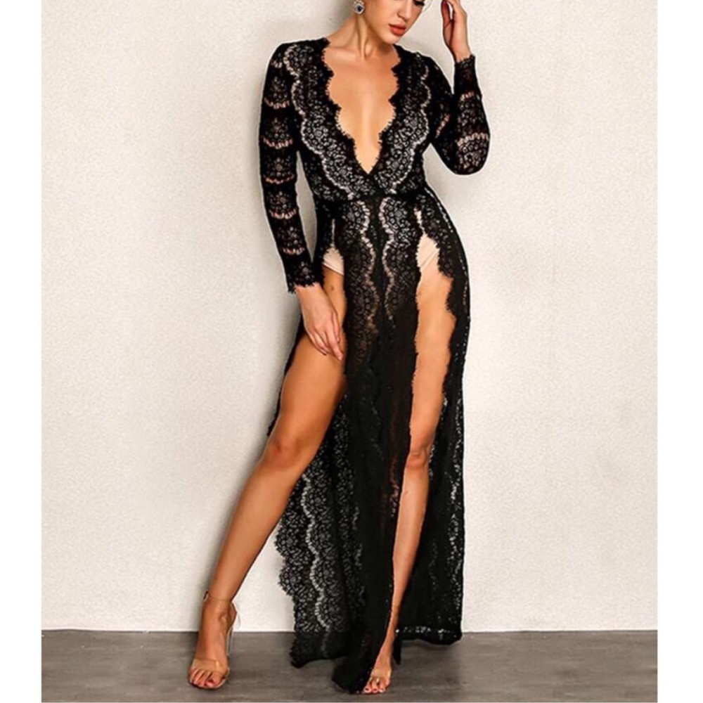 Sexy Black Long Sleeve Deep V-neck Lace Split Full- Length Jumpsuit